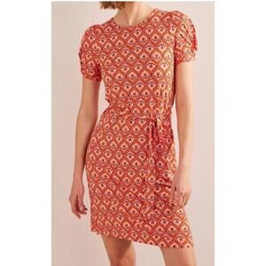 Boden Geometric Print Jersey Short Sleeve Dress Orange Stretch US Size 8L